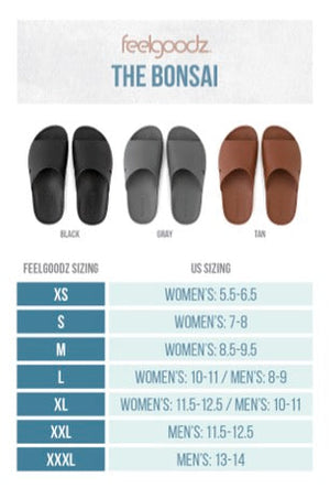 Size chart for Bonsai Slides Tan | Feelgoodz displaying three pairs of slides in black, gray, and tan colors with corresponding US women's and men's sizing from XS to XXXL.