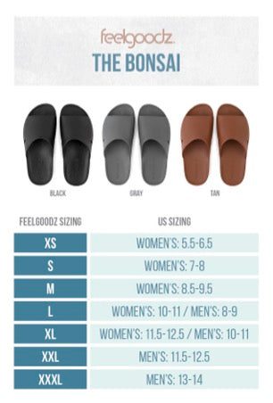 Size chart for Bonsai Slides Tan | Feelgoodz displaying three pairs of slides in black, gray, and tan colors with corresponding US women's and men's sizing from XS to XXXL.