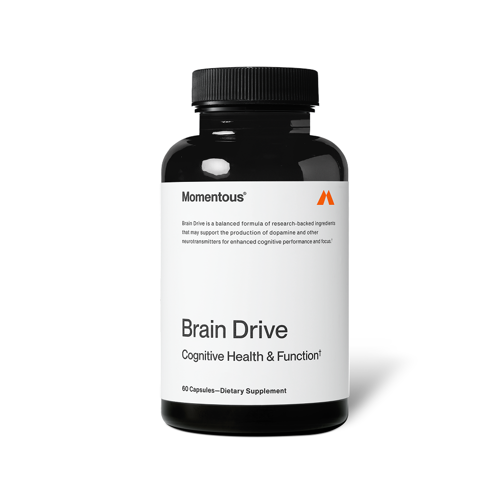 Bottle of Brain Drive dietary supplement by Momentous for cognitive health and function with 60 capsules in black container and minimalist white label design.