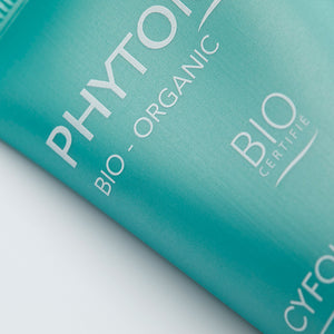 Close-up of Phytomer Bio-Organic branding and Bio Certifie text on turquoise tube