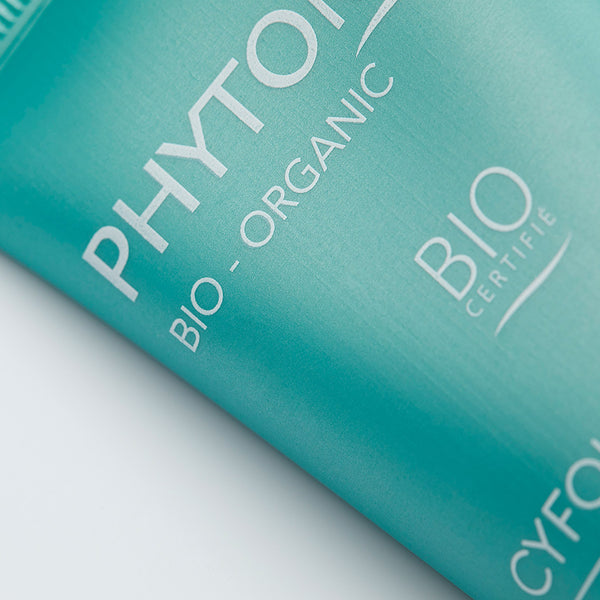 Close-up of Phytomer Bio-Organic branding and Bio Certifie text on turquoise tube