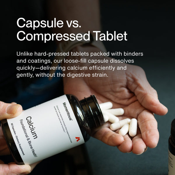 Person holding white Calcium capsules poured from a bottle, highlighting the benefits of loose-fill capsules for efficient and gentle calcium absorption without digestive strain.