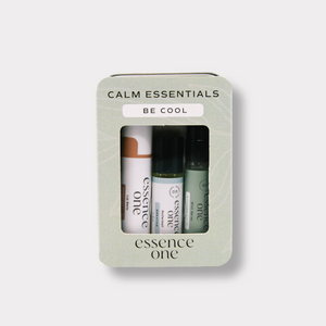 Calm Essentials Kit - "Be Cool" | Essence One featuring a compact set of wellness supplements and body care products in a soft green box for relaxation and skincare.