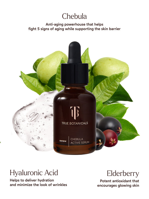 Chebula Active Serum | True Botanicals bottle with natural ingredients including chebula fruit, elderberries, green leaves, and a clear hydrating gel, highlighting anti-aging skincare benefits.