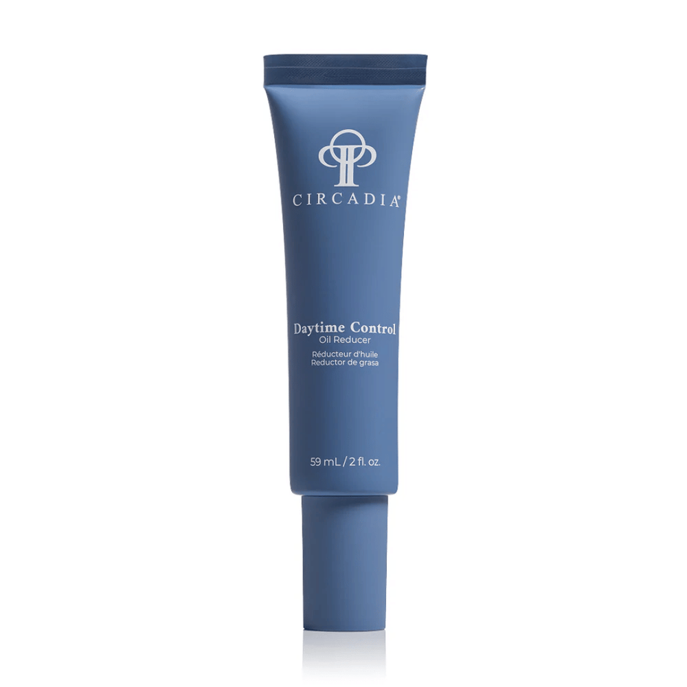 Blue tube of Daytime Control Oil Reducer Circadia skincare product standing upright on a white background.