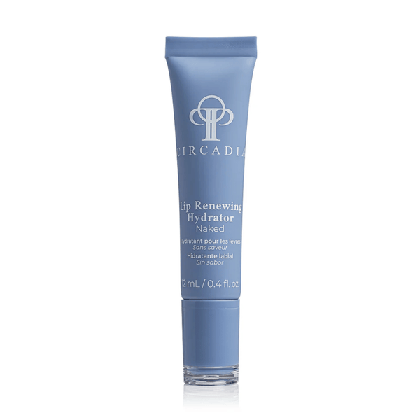 Blue tube of Lip Renewing Hydrator - Naked | Circadia, a skincare product designed to provide hydration and renewal for lips in a scent-free formula.