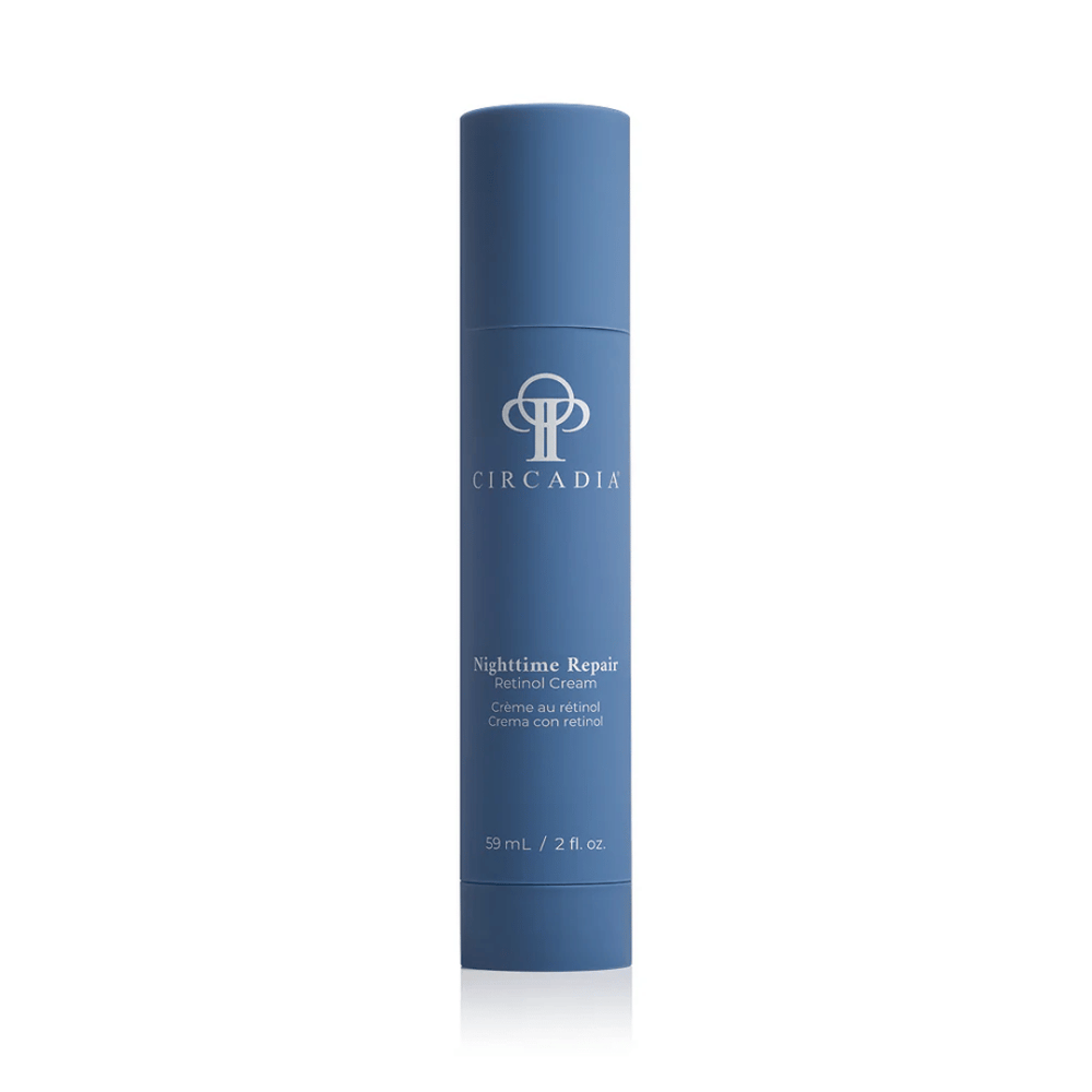 Blue cylindrical bottle of Nighttime Repair Retinol Cream | Circadia designed for skincare and nighttime skin renewal.