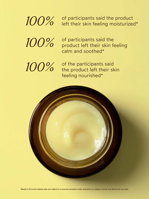 Jar of smooth yellow cleansing balm in amber container with text highlighting 100% participant satisfaction for moisture, calm, and nourishment using Ginger Turmeric Cleansing Balm | True Botanicals.