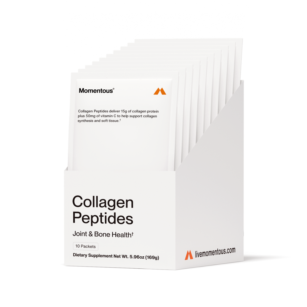 Display of Collagen Peptides 10-Travel Packs in a white carton box designed for joint and bone health as a wellness supplement.