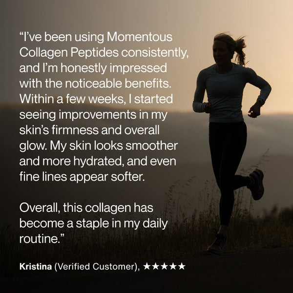 Silhouette of a woman running outdoors at sunset next to a positive customer review highlighting the benefits of Collagen Peptides for skin firmness, hydration, and reducing fine lines.