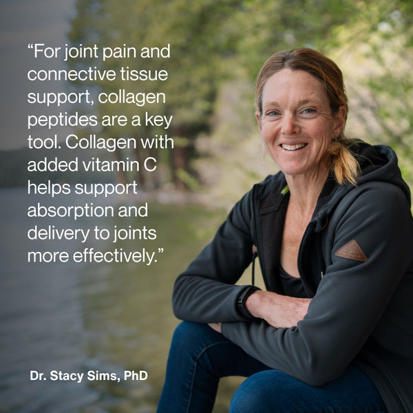 Smiling woman outdoors by water shares benefits of Collagen Peptides with vitamin C for joint pain relief and connective tissue support in wellness supplements.