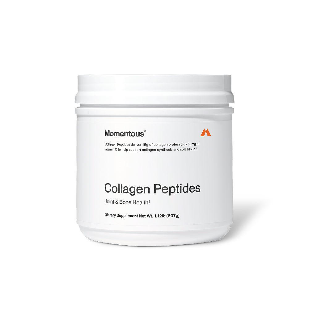 White container of Collagen Peptides dietary supplement supporting joint and bone health, featuring a minimalist label with clear text on a white background.