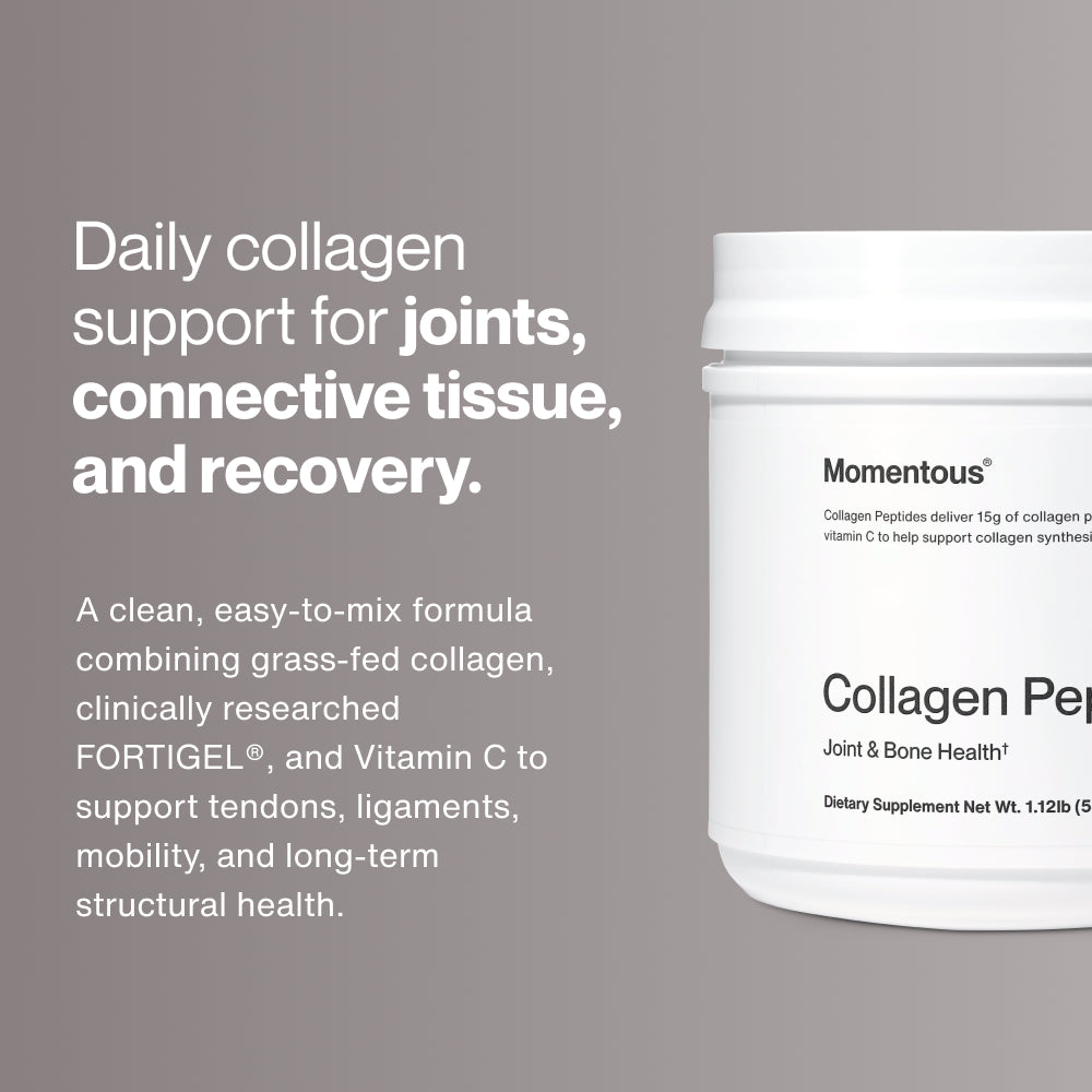 White container of Collagen Peptides dietary supplement supporting joint and bone health, featuring a minimalist label with clear text on a white background.