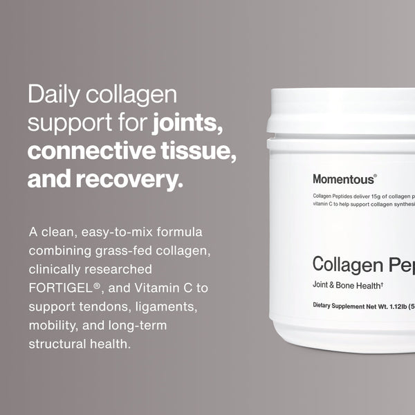 White container of Collagen Peptides with text describing it as a clean formula combining grass-fed collagen, FORTIGEL, and Vitamin C to support joints, connective tissue, and recovery.