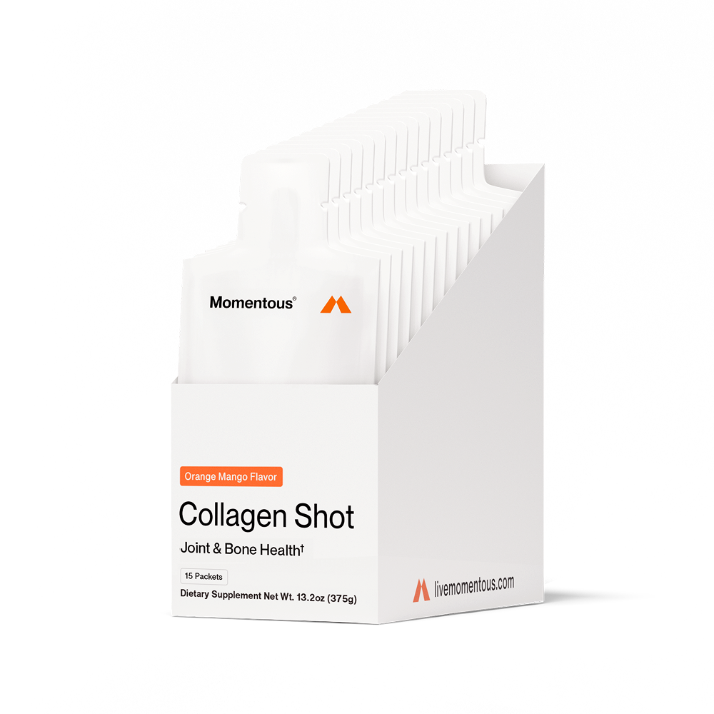 Box of Collagen Shot 15-Packs dietary supplements in sour watermelon flavor, designed for joint and bone health, displayed with individual packets in a white container.