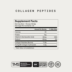 Supplement facts label for Collagen Peptides showing nutritional information including 60 calories, 15g protein, 50mg vitamin C, and collagen peptides content, with certification icons for quality and GMO-free assurance.