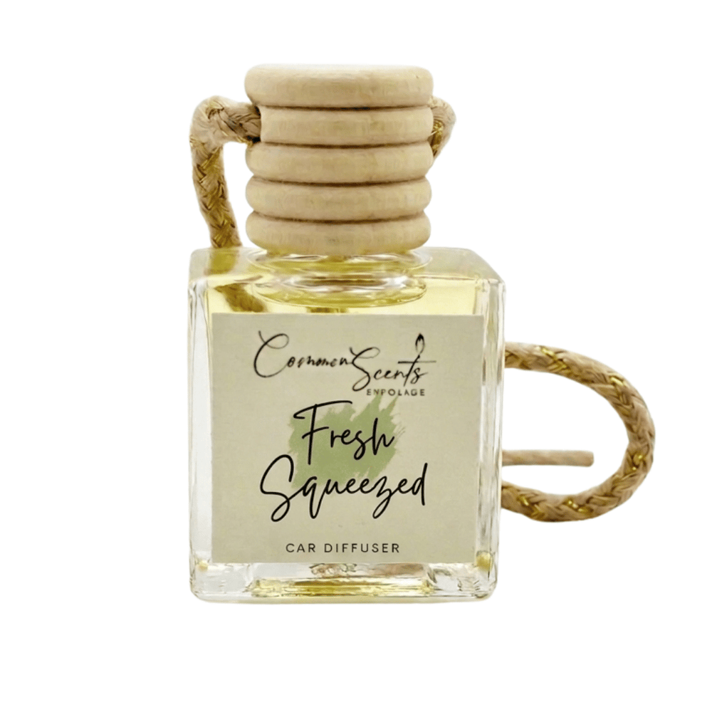 Car Diffuser | CommonScents by Tayler E featuring a clean laundry scent in a clear glass bottle with a wooden cap and braided hanging rope for fresh car fragrance.
