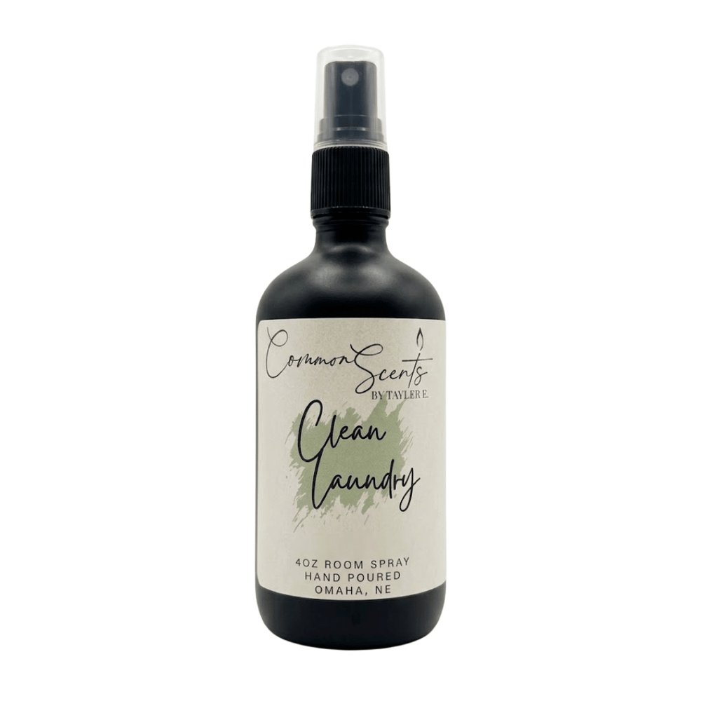 4oz Luxury Room Spray | CommonScents by Tayler E featuring a sleek black bottle with a spray nozzle and a minimalist label for a sophisticated wine barrel scent.