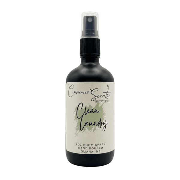 4oz Luxury Room Spray | CommonScents by Tayler E in a matte black bottle with a spray nozzle, labeled "Clean Laundry," designed for refreshing indoor spaces with a clean scent.