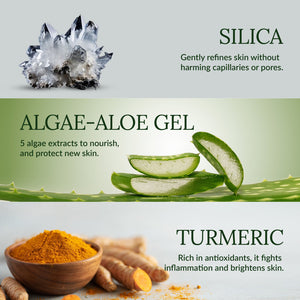 Close-up of silica crystals, fresh aloe gel slices on an aloe leaf, and a bowl of turmeric powder with turmeric roots, highlighting key natural ingredients in Microcrystal Exfoliator | Shankara for skincare and body care.