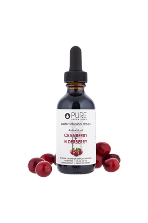 Bottle of Super Fruit Extracts Water Infusion Drops - Cranberry + Elderberry | Pure Inventions surrounded by fresh cranberries, highlighting antioxidant wellness supplement benefits.