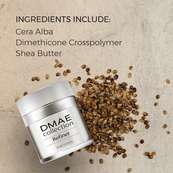 DMAE Refiner | SR Cosmetics jar displayed with scattered natural seeds on a textured beige background, highlighting key ingredients including Cera Alba, Dimethicone Crosspolymer, and Shea Butter for skincare.