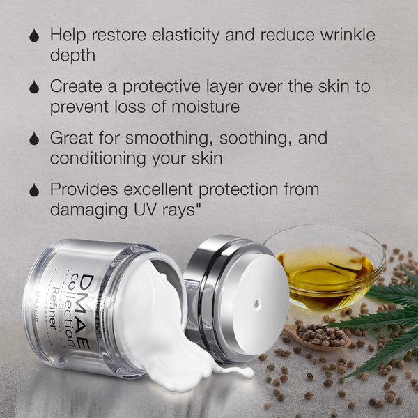 Open jar of DMAE Refiner | SR Cosmetics cream with a smooth white texture next to a small glass bowl of golden oil and scattered seeds, overlaid with skincare benefit text about elasticity, moisture, smoothing, and UV protection.