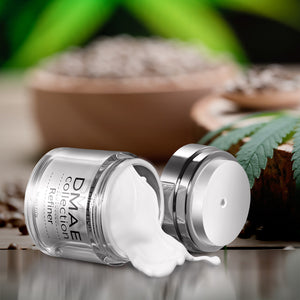 Open jar of DMAE Refiner | SR Cosmetics cream with white lotion spilling out, surrounded by natural ingredients and green leaf in the background, skincare product display.