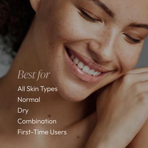 Close-up of a smiling woman with clear skin next to text highlighting that Discovery Essentials Kit | Circadia is best for all skin types, including normal, dry, combination, and first-time users.