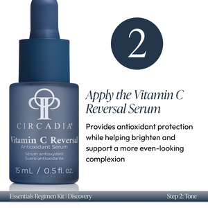 Close-up of Circadia Vitamin C Reversal Antioxidant Serum bottle with instructions to apply serum for antioxidant protection and brightening, part of the Discovery Essentials Kit | Circadia skincare routine.