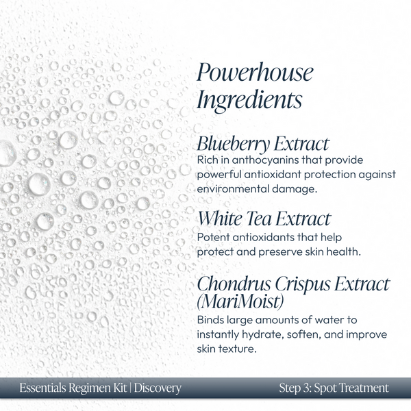 Close-up of water droplets on a white surface with text describing powerhouse ingredients including blueberry extract, white tea extract, and Chondrus Crispus extract, highlighting antioxidant and hydrating benefits in the Discovery Essentials Kit | Circadia.