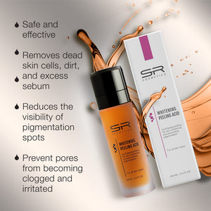 Whitening Peeling Acid | SR Cosmetics bottle and packaging with skin care benefits text highlighting removal of dead skin cells, dirt, excess sebum, and reduction of pigmentation spots for all skin types.