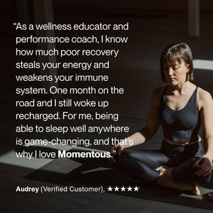 Woman in athletic wear sitting cross-legged on the floor in a dimly lit room next to a testimonial quote about improved recovery and sleep, promoting Elite Sleep.