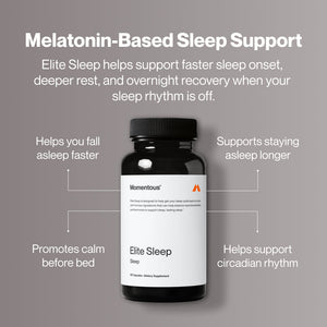 Bottle of Elite Sleep dietary supplement with melatonin-based sleep support benefits including faster sleep onset, deeper rest, calm before bed, and circadian rhythm support