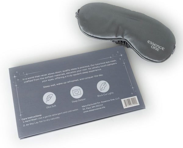 Luxury Sleep Eye Mask + Aromatherapy Set | Essence One showcasing a soft, dark sleep mask alongside product packaging highlighting benefits like ultra softness, deeper sleep, and blocking light for enhanced wellness.