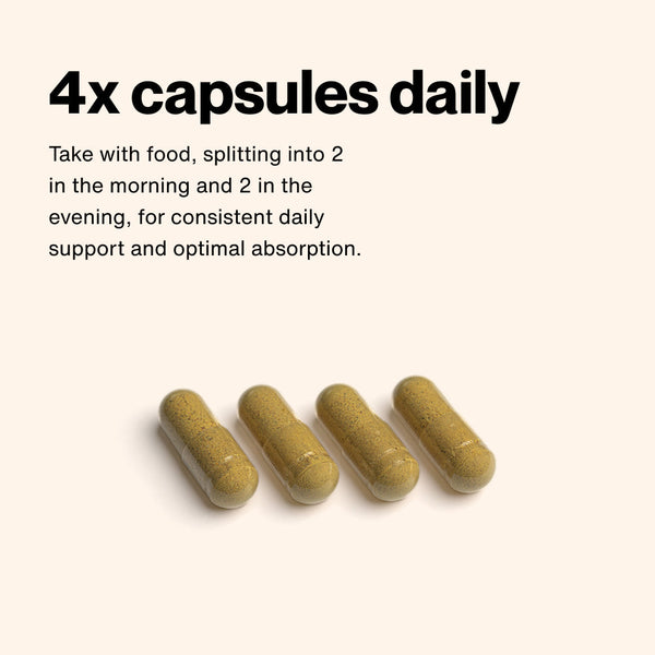 Four brown capsules arranged in a row with instructions to take four capsules daily, two in the morning and two in the evening, for consistent support and optimal absorption of Multivitamin.