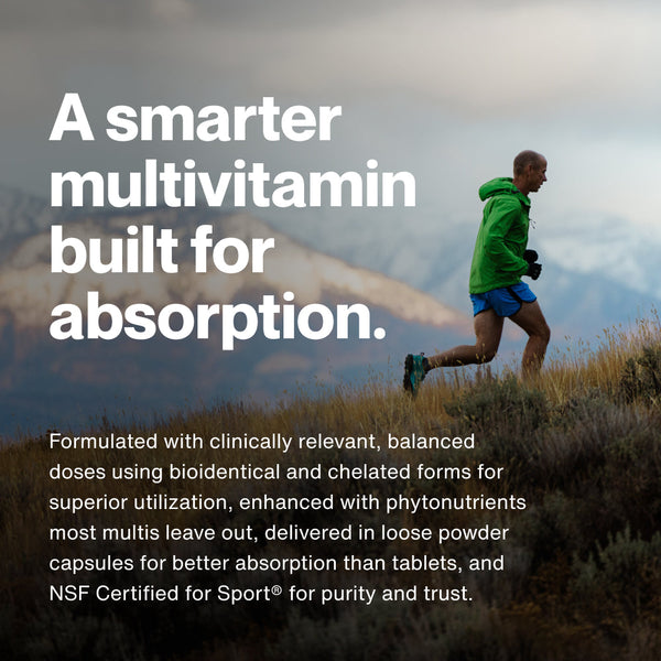 Athlete running outdoors on a trail with text highlighting a smarter Multivitamin formulated for enhanced absorption, purity, and trust, designed for active wellness.