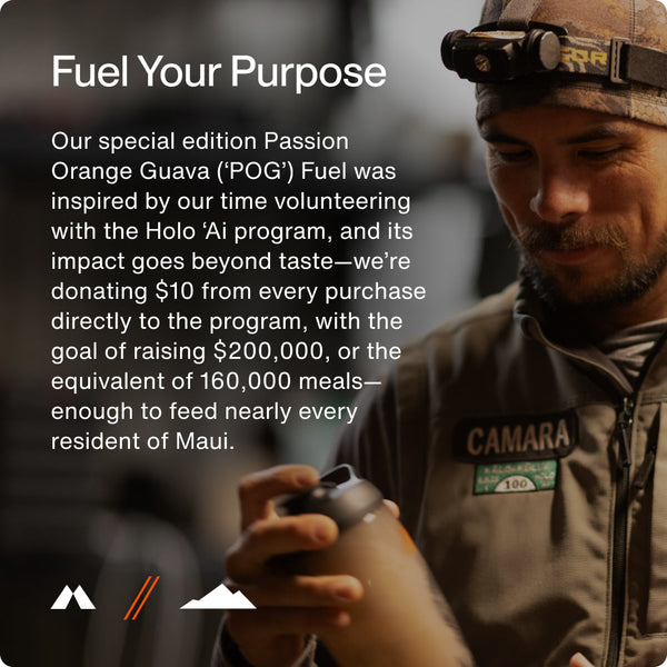 Man wearing a headlamp and a uniform holding a bottle, with text describing the Fuel special edition Passion Orange Guava product and its charitable donation to the Holo ʻAi program to help feed Maui residents.