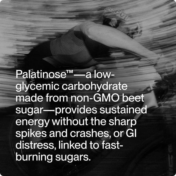 Black and white image of a cyclist in motion with text describing Palatinose as a low-glycemic carbohydrate from non-GMO beet sugar that provides sustained energy without spikes or crashes, promoting balanced fuel for endurance, related to Fuel.