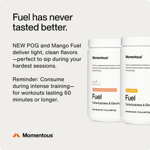 Two containers of Fuel by Momentous in Passion Orange Guava and Mango flavors, designed as carbohydrates and electrolyte supplements for intense training sessions.