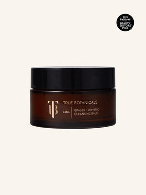 Ginger Turmeric Cleansing Balm | True Botanicals in a brown jar with black lid, featuring calming skincare for a gentle cleansing routine and recognized as a 2025 beauty editors pick.