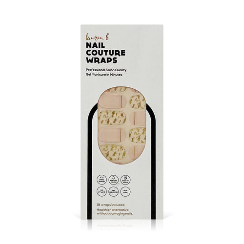 Packaging of Gel Nail Wrap | Lauren B. Beauty showing nail wraps with a pink base and gold leaf design, promoting easy application and salon-quality gel manicure at home.