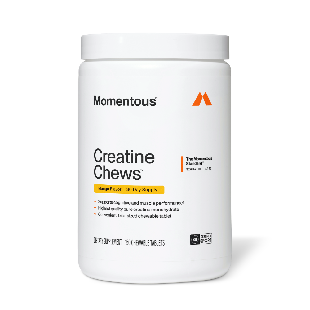 White container of Creatine Chews 150-Count dietary supplement by Momentous, featuring lemon lime flavor and highlighting cognitive and muscle performance support, placed on a white background.