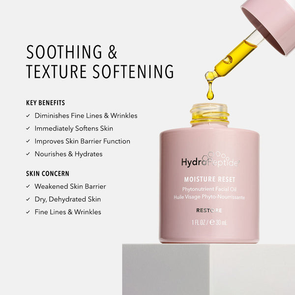 Moisture Reset | HydroPeptide facial oil bottle with dropper dispensing golden oil, highlighting soothing skincare benefits for dry, dehydrated skin and fine lines.