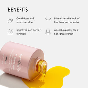 Moisture Reset | HydroPeptide serum bottle lying on its side with golden liquid spilling out, surrounded by benefit icons highlighting skin conditioning, nourishment, barrier improvement, fine line reduction, and quick absorption for a non-greasy finish.