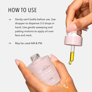 Moisture Reset | HydroPeptide serum bottle with dropper dispensing yellow oil onto a hand, demonstrating skincare application instructions for face and neck.