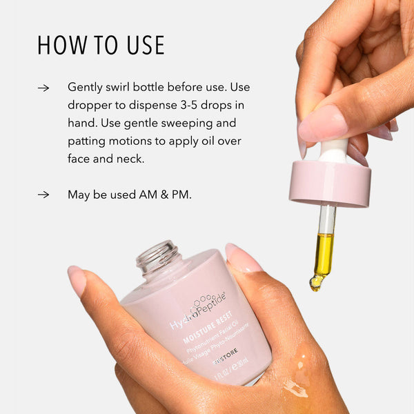 Moisture Reset | HydroPeptide serum bottle with dropper dispensing yellow oil onto a hand, demonstrating skincare application instructions for face and neck.