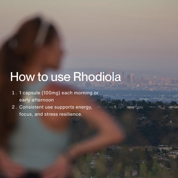 Instructions on how to use Rhodiola Rosea with dosage recommendations for energy, focus, and stress resilience, displayed over a blurred outdoor cityscape background.