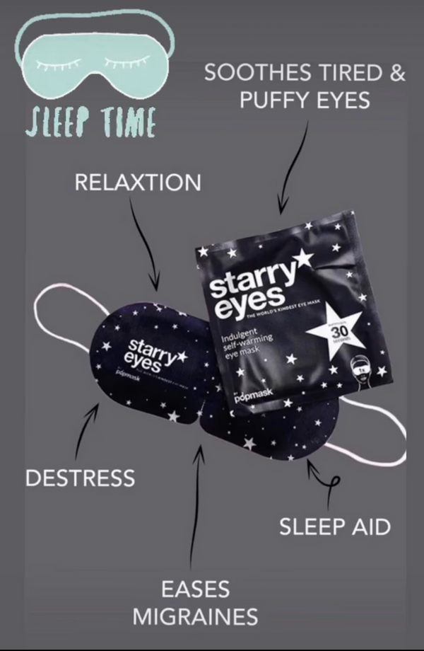 Starry Eyes Warming Eye Mask - Single | Popmask shown with packaging, featuring soothing effects for tired and puffy eyes, relaxation, migraine relief, stress reduction, and sleep aid.