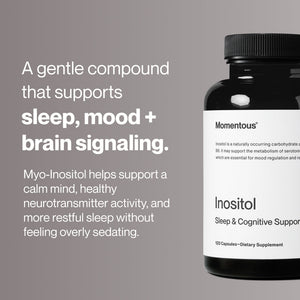 Inositol wellness supplement bottle with messaging about supporting sleep mood brain signaling neurotransmitter activity and restful sleep